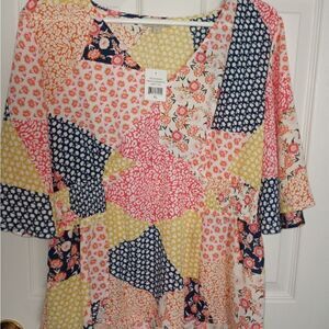 Chenault XL PinkBlueYellowPatchwork FloralPrintElasticWaist ShrtSlvV-Nec Blouse.